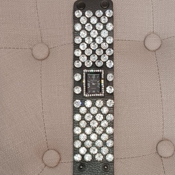 Traci Lynn Accessories - Traci Lynn Tank Watch with Leather Strap / Women's / cubic zirconia black watch